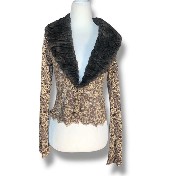 Y2K Ann Ferriday Brown Gold Lace Jacket Faux Fur Collar Victorian Boho Romantic - Picture 1 of 11